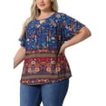 thumbnail image 7 of Agnes Orinda Women's Plus Size Boho Tops Floral Keyhole Neck Ruffle Short Sleeve Summer Casual Blouse 4X Navy Blue, 7 of 7
