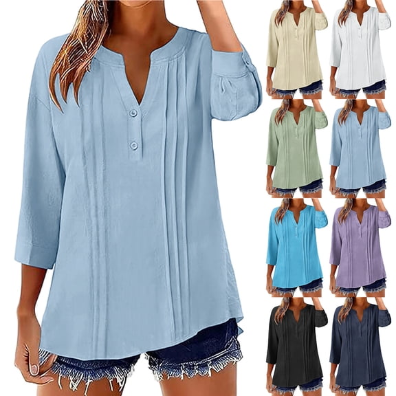 Hfnxid Women's Cotton Linen 3/4 Length Sleeve Tops Henley Neck Button Shirts Fashion Pleated Casual Loose Fit Blouses Summer Casual Roll Up Sleeve Shirt