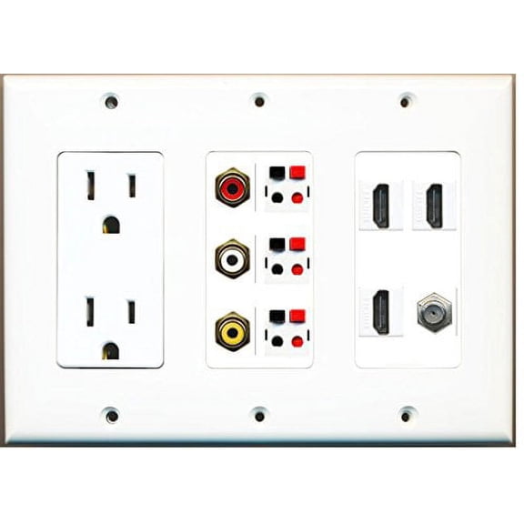 RiteAV - (3 Gang 15 Amp Power Outlet 3 HDMI Coax Composite Video 3 Speaker Wall Plate