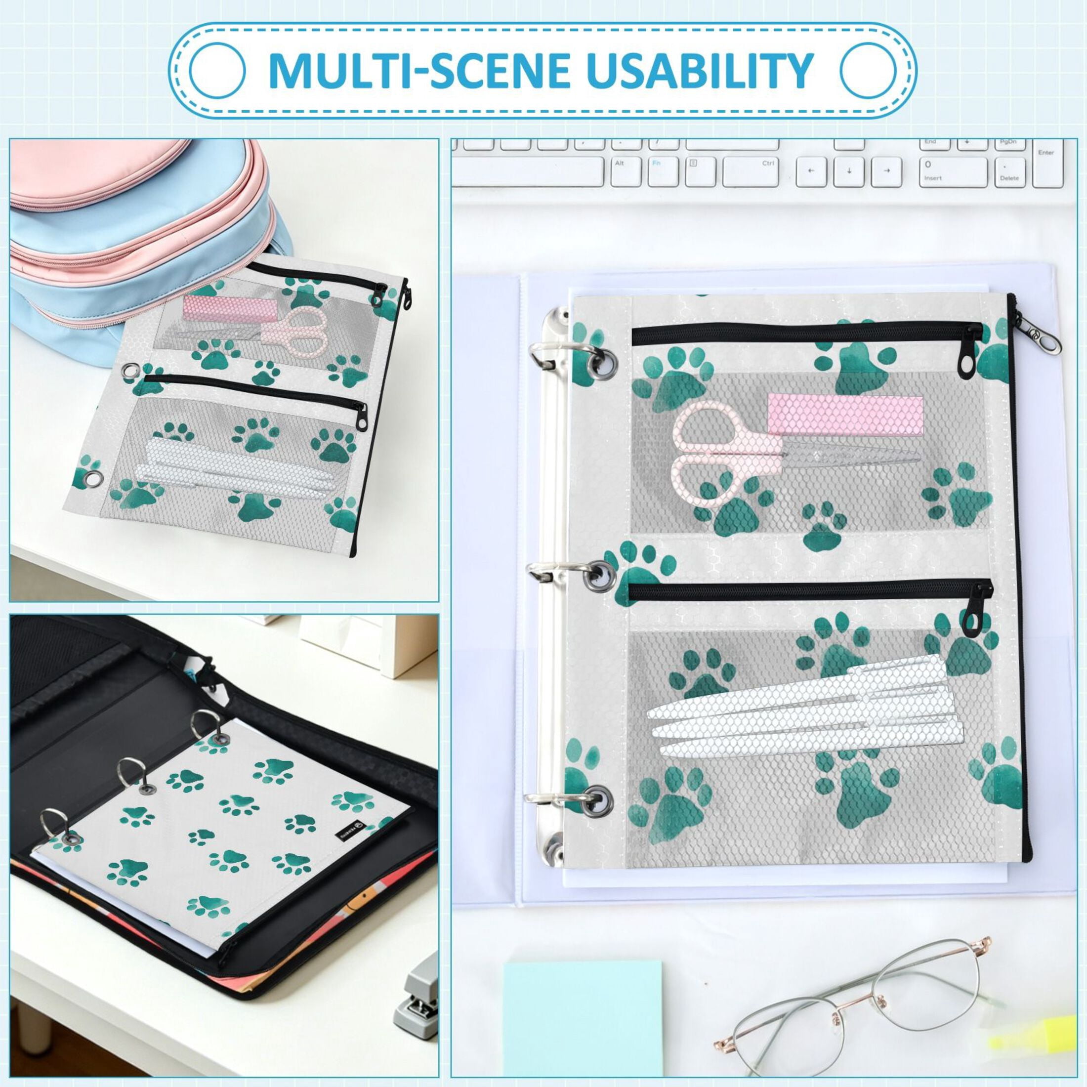 3-Hole Pencil Pouch for 3 Ring Binder Clear Zippered Pen Case with Window Teal Dog Paw Prints
