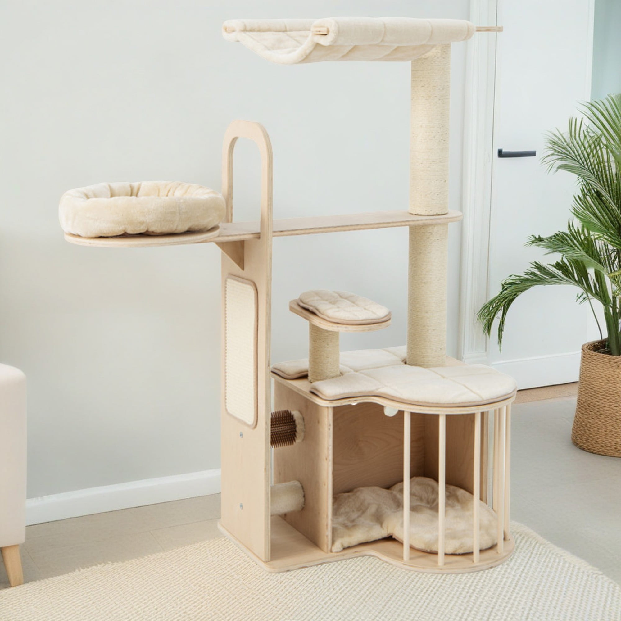 Kadyn 55" Wood Cat Tree Tower for Indoor Cats with Scratching Posts Washable Detachable Cushion, Modern Cat Condo Furniture for Large Cat, Beige