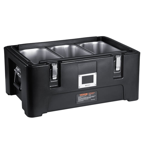 Insulated Food Pan Carrier, 36Qt Capacity, Stackable Catering Hot Box with 3 Stainless Steel Pans, Top Load LLDPE Food Warmer with Elastic Side Handles and Buckles, for Restaurant Canteen, Black