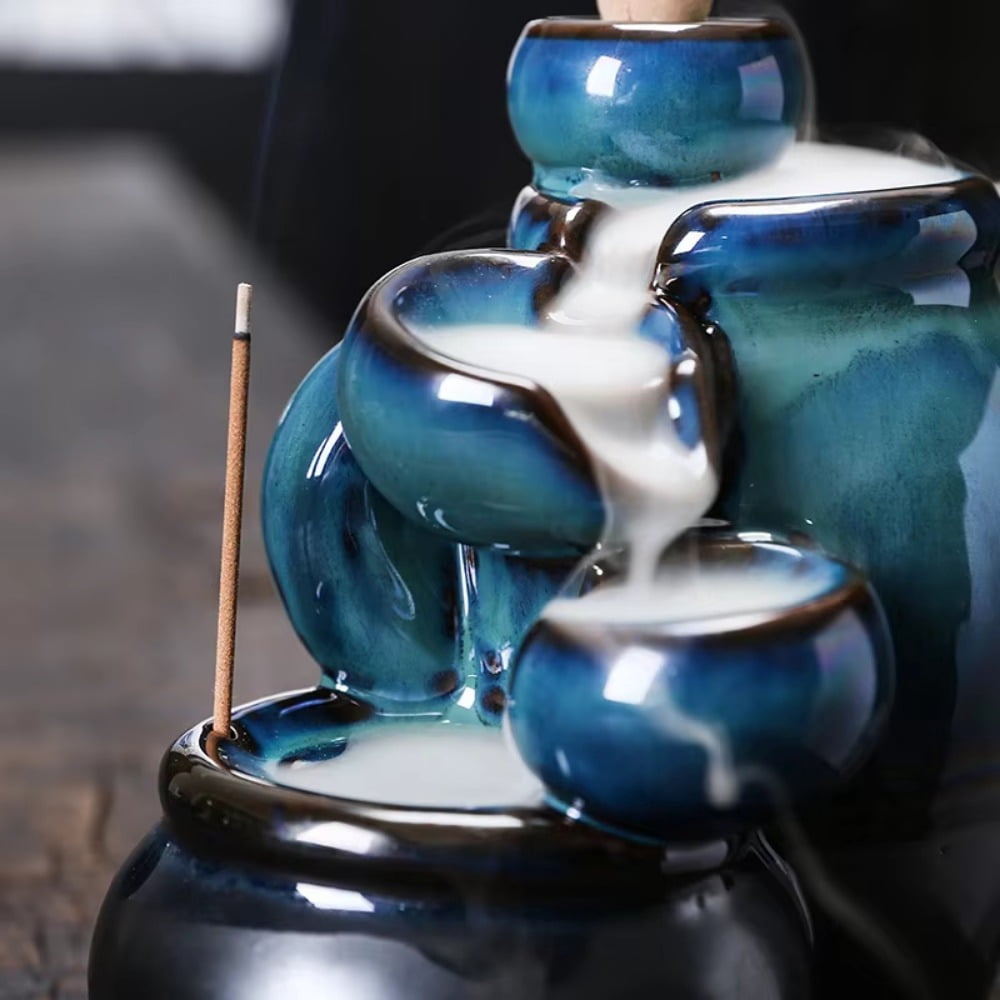 1pc Wine Jar Type Ceramic Blue Waterfall Backflow Incense Burner, Incense Stick Holder, Home Ornament (Without Incense)