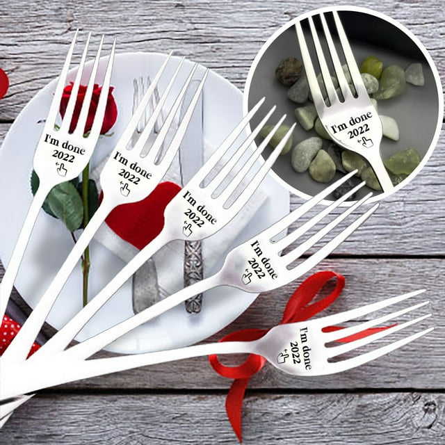Cagogo 7 Pcs Fourche Gravée, Fourche en Acier Inoxydable Personnalisée pour Mari Femme Famille, Coutellerie Robuste Résistante à la Rouille Polie Miroir, Ustensiles Gravés pour Repas d'Anniversaire de Mariage et des Fêtes