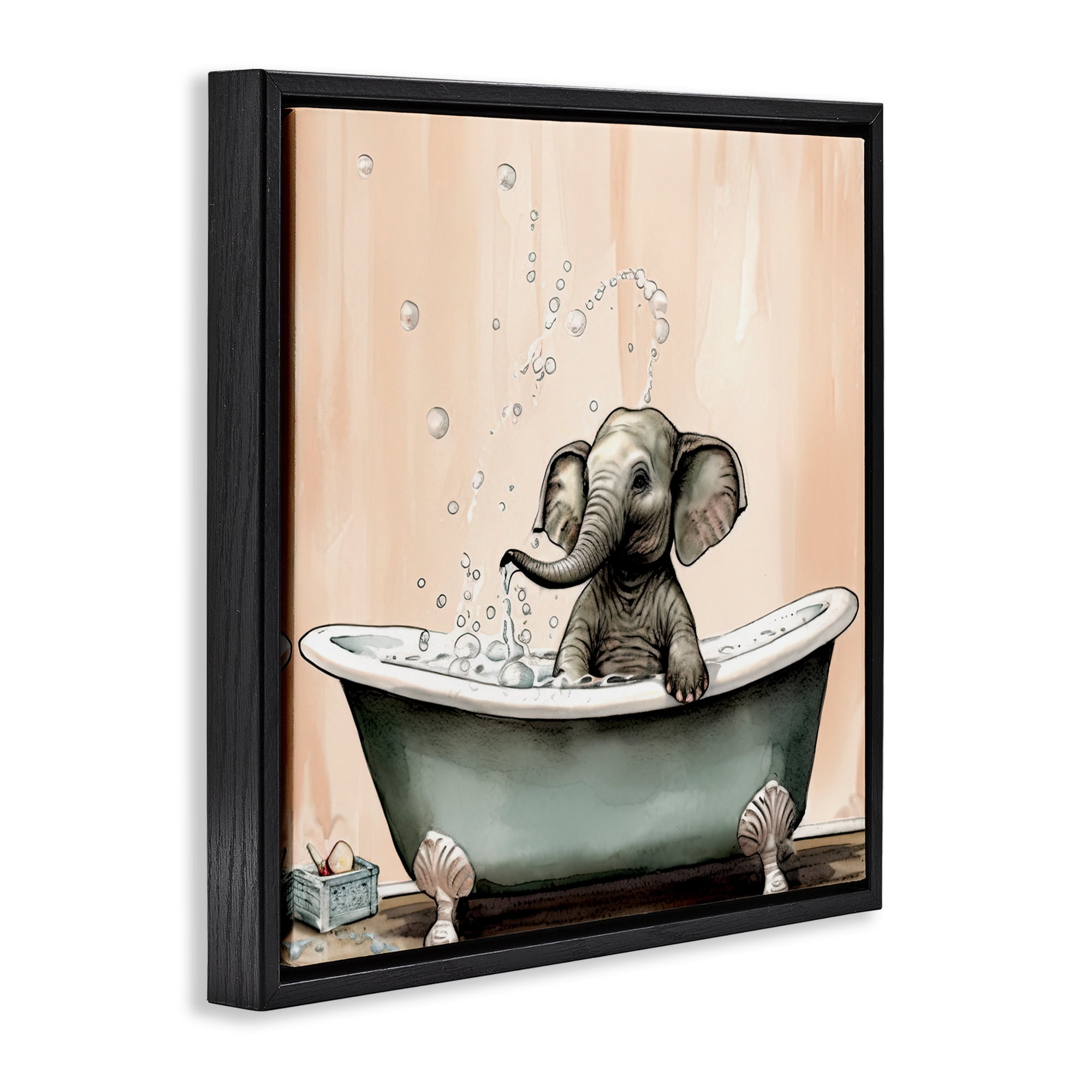 Baby Elephant Bubble Bath Black Framed Floater Canvas Wall Art, design by Sasha