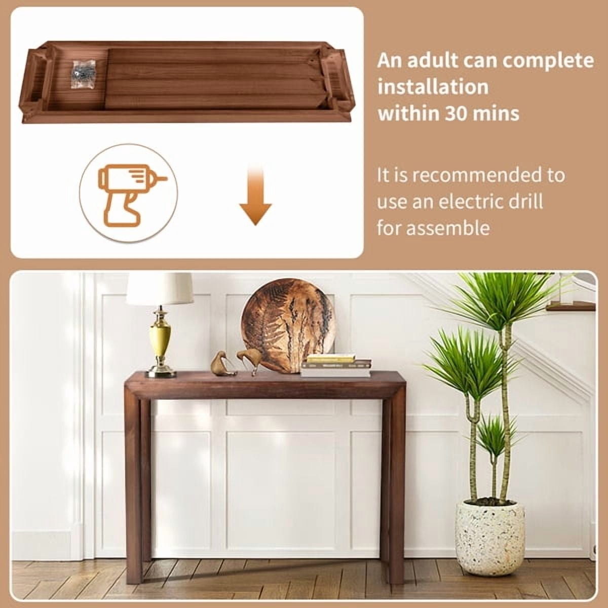 Pinewood Entryway Table, Walnut Waterproof Surface, 220lb Capacity, Modern Hallway Console with Easy 30-Min Assembly