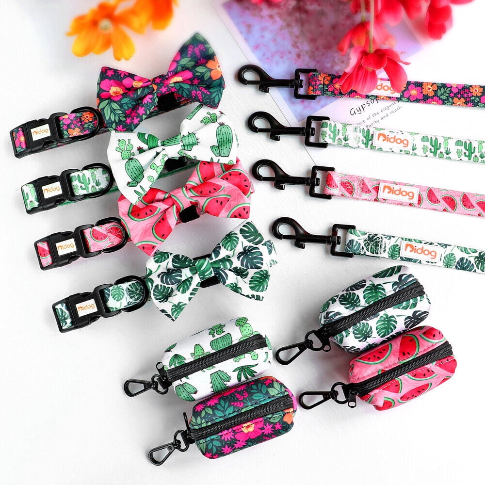 Didog Floral Cute Bowtie Dog Collar & Leash & Poop Bags Holder Adjustabale for Puppy