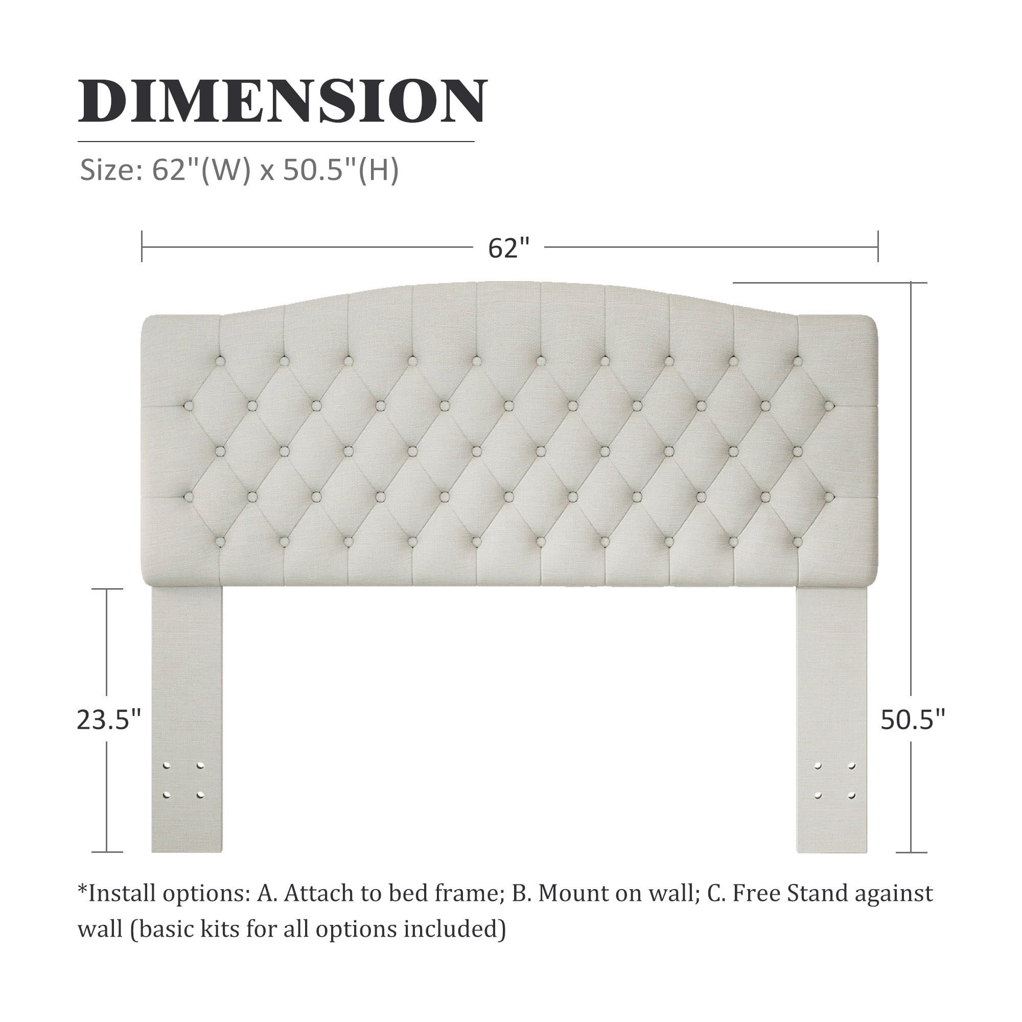 Queen Headboard Wall Mount & Bed Frame Compatible, Linen Upholstered Button Tufted, Ivory