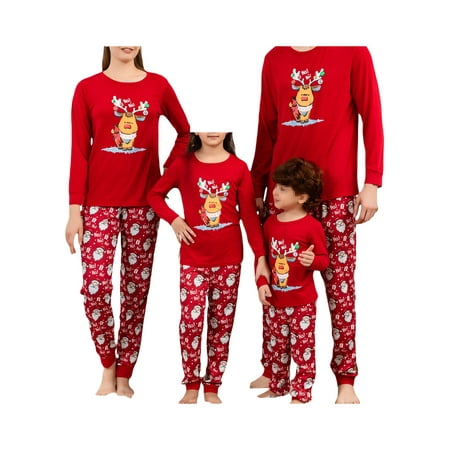 

Suanret Merry Christmas Pajamas Set Family Matching Elk Print Long Sleeve Tops Santa Print Pants Sleepwear Pjs Nightwear Red Mom-XL