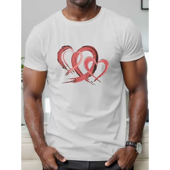 Men's Casual Round Neck T-Shirt with Geometric Heart Print, Slight Stretch, Regular Fit, Summer Top