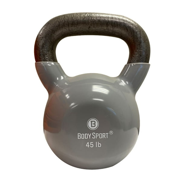 Body Sport Cast Iron Vinyl Coated Kettlebells, 45 lb., Gray Kettlebell for Weight Lifting