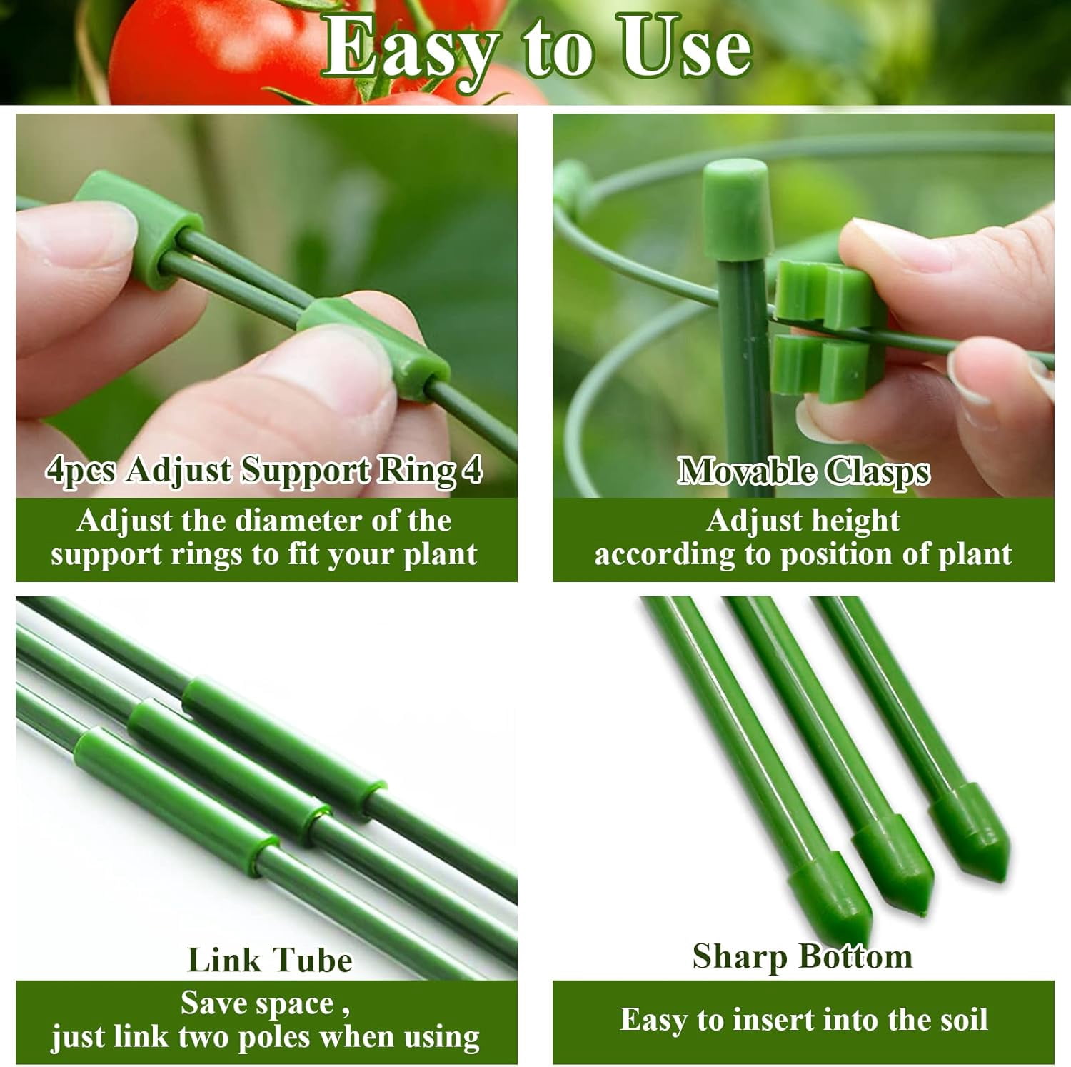 4 Packs 30inch Plant Support Cages with 3 Adjustable Support Rings- Small Tomato Cage for Pots Plant Holder for Home Garden Balcony for Orchids, Tomato, Vegetables, Flowers, Climbing Plants