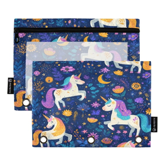 2 Pcs 3 Ring Binder Pouch Water Resistant Clear PVC Pencil Pouch for Office, Home Organization Whimsical Unicorns