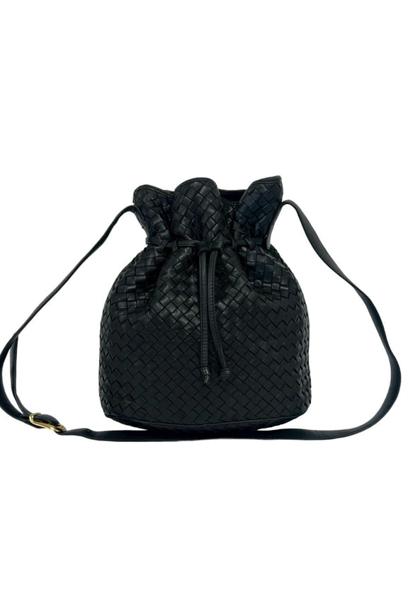 Pre-Owned BOTTEGA VENETA Intrecciato Leather Drawstring Shoulder Bag Crossbody Black 73506