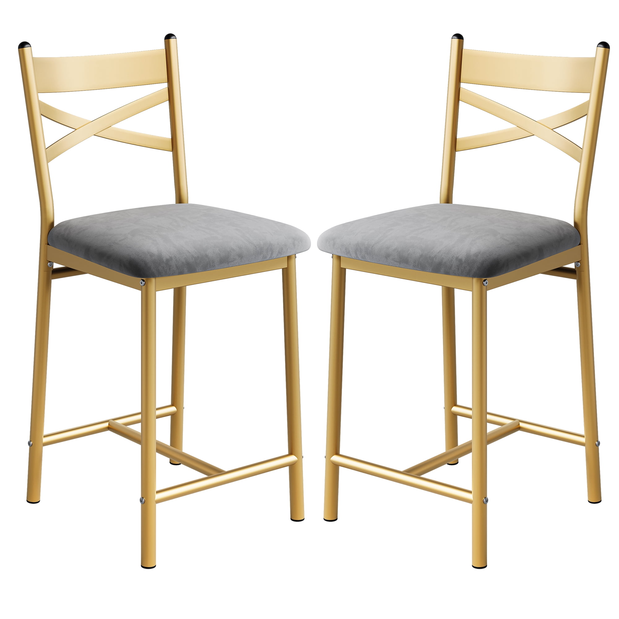 Modern Bar Stool Set of 2, Upholstered Counter Height Bar Chairs with X-Back, Soft PU Leather, Heavy Duty Metal Frame for Kitchen Island Restaurant