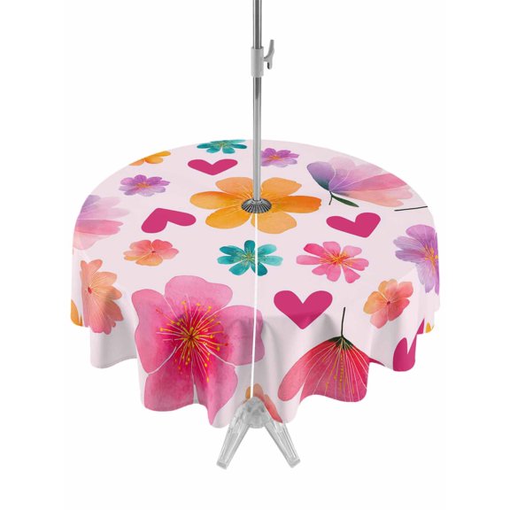 Outdoor Tablecloth with Umbrella Hole for Patio/Picnic/Party/Camping, Colorful Flowers Waterproof Table Cloth Round Cover Washable, Spring Watercolor Love Heart Floral Pink (Dia 54")