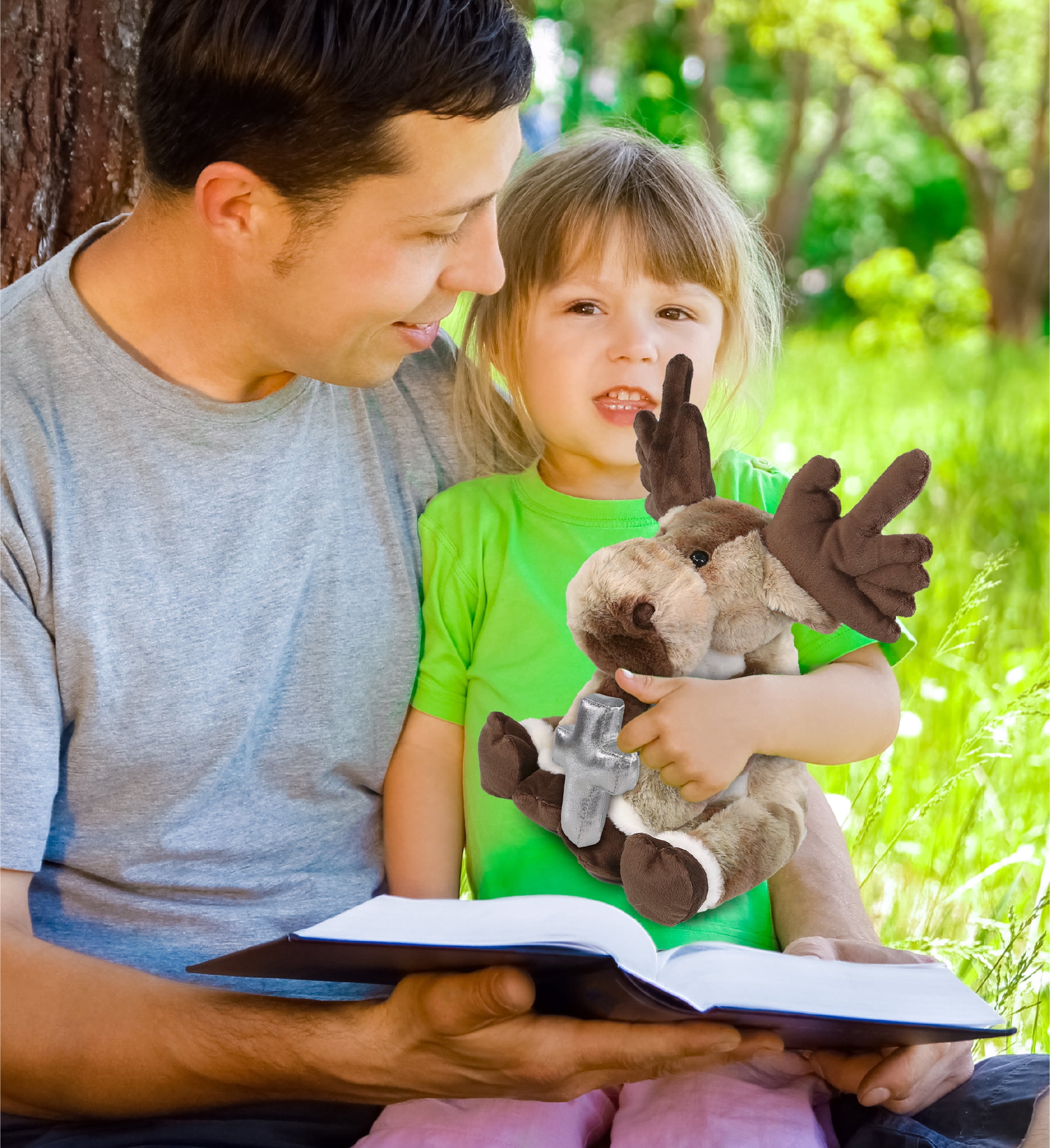 DolliBu Forest Floppy Moose Stuffed Animal with Silver Cross Plush - Religious Baptism Gifts for Boys and Girls, Dedication Christening Gifts Plush Prayer Toy Healing Stuffed Animal - 10.5 Inches