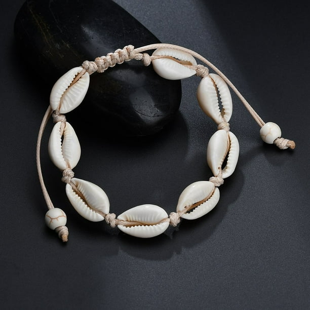 Xiao Hua Pulsera de conchas marinas hecha a mano, tamaño ajustable, joyería de playa para mujer, color blanco