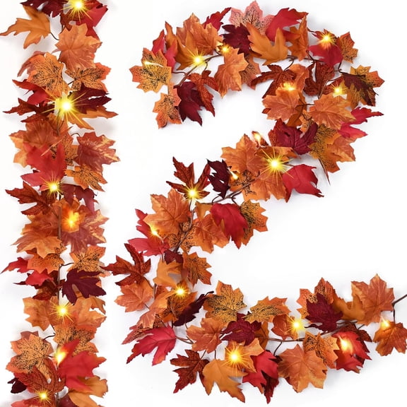 Waipfaru 2 Pack Fall Leaves Garland with Lights - 5.7 ft/Piece Lighted Autumn Leaf Vines Decoration, Artificial Fall Garland for Outdoor Mantle Thanksgiving Decor
