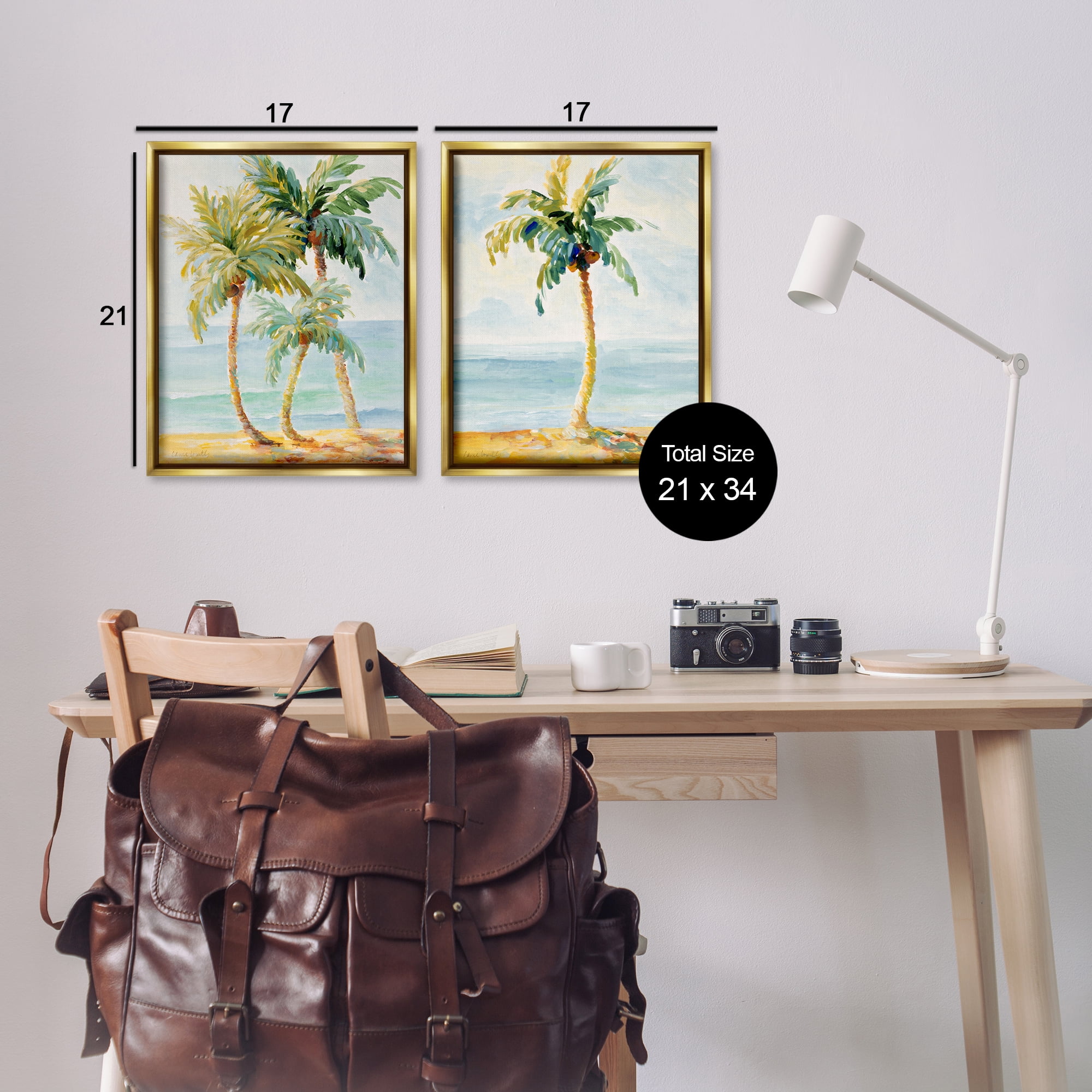 Stupell Industries Tropical Palms Calm Ocean Landscape & Nature Painting Gold Floater Framed Canvas Art Print Wall Art, 17 x 21, Set of 2