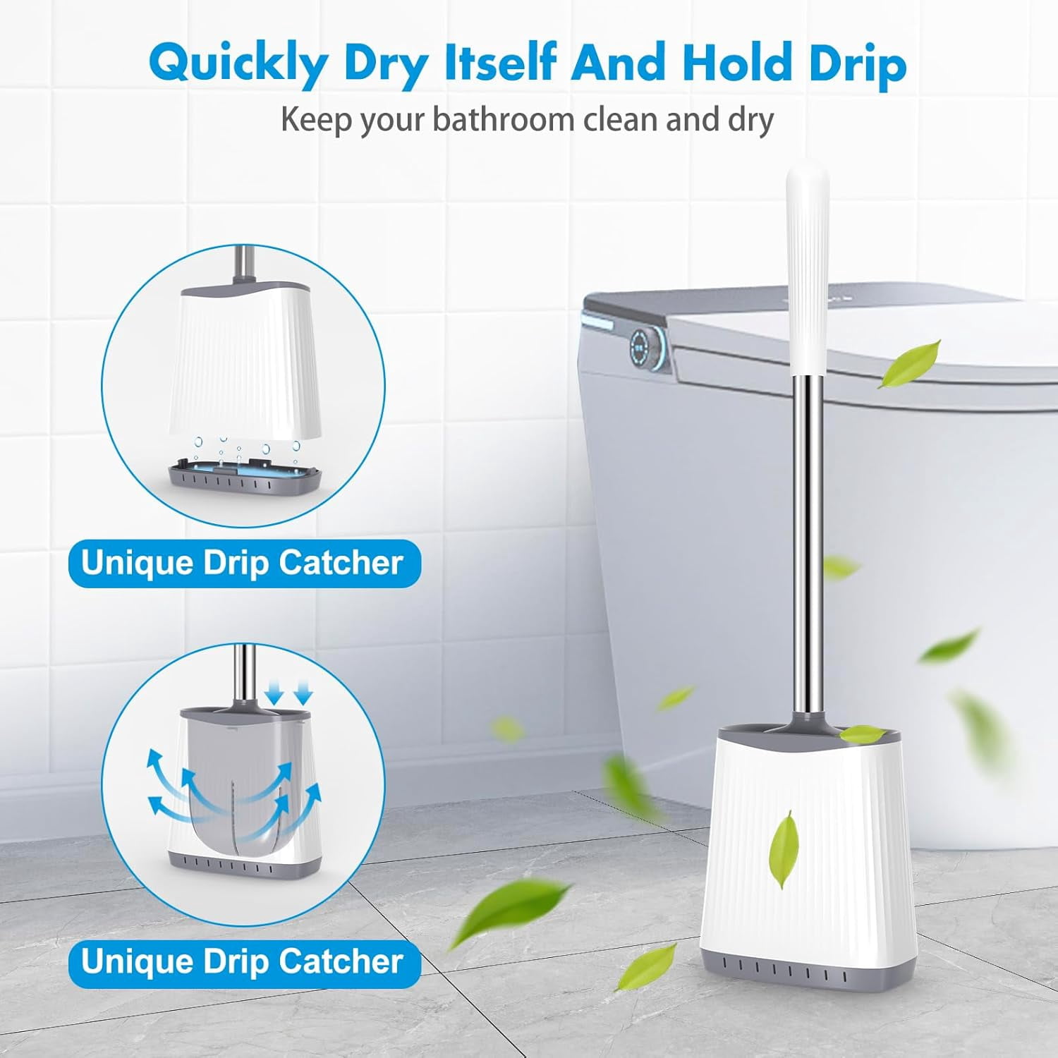 Toilet Brush, Silicone Brush and Holder Set, Flexible Brush Head with Ventilated Holder, Wall Mounted Compact Scrubber Set for Bathroom Cleaning