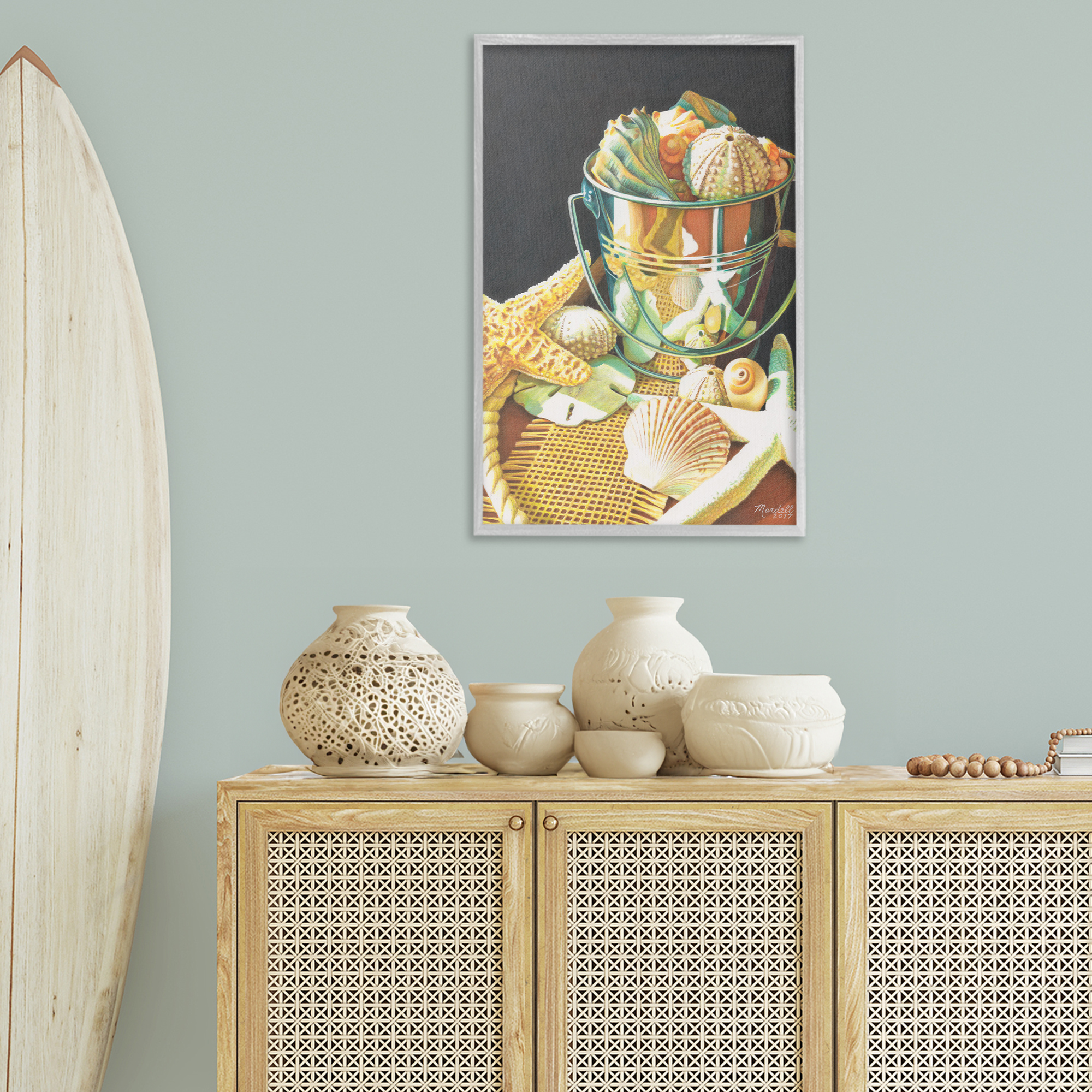 Stupell Industries Bucket Of Seashells Coastal Painting Gray Framed Art Print Wall Art, 20 x 30