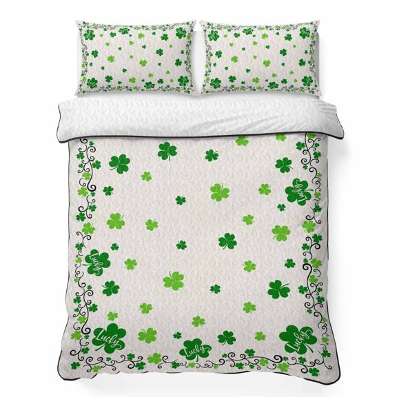 Twin Quilt Bedding Set, St Patrick's Day Shamrock Leaves Soft Microfiber Summer Bedspread Coverlet with 2 Pillow Shams for All Season, Green Clovers on Linen Breathable Bedding Set for Hot Sleepers