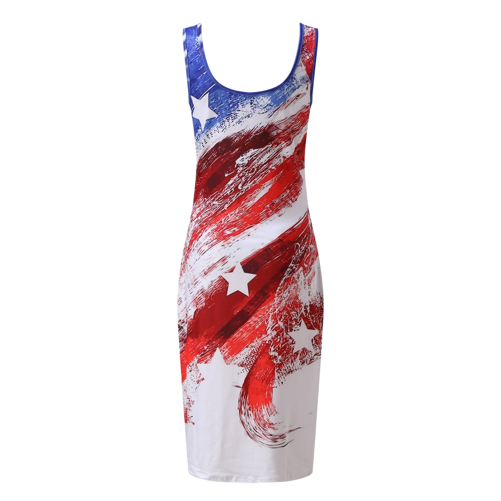 4th of July Patriotic Dress Patchwork Bodycon Summer Sleeveless Slim Flowy Sundress White L
