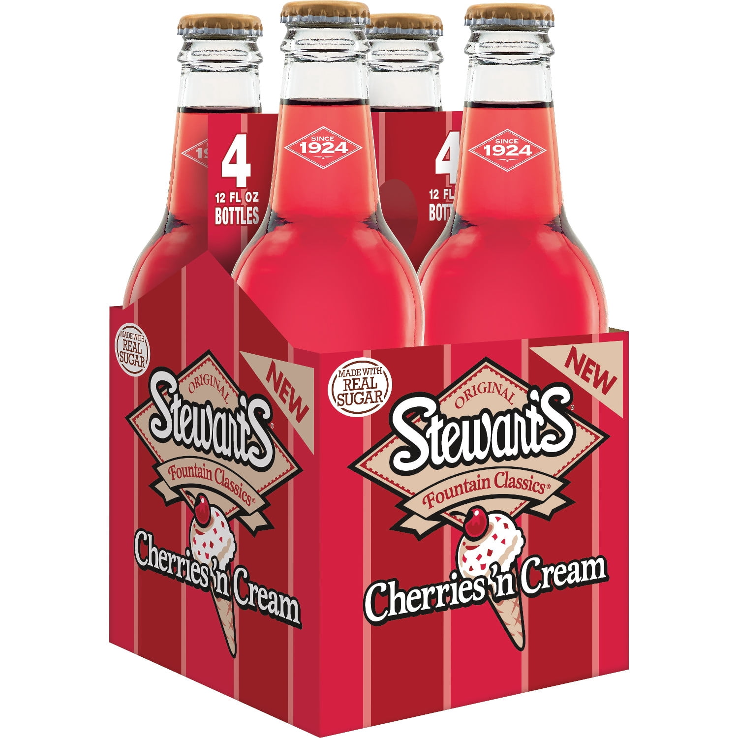 (3 pack) Stewart's Cherries 'n Cream Made with Sugar, 12 fl oz glass bottles, 4 pack