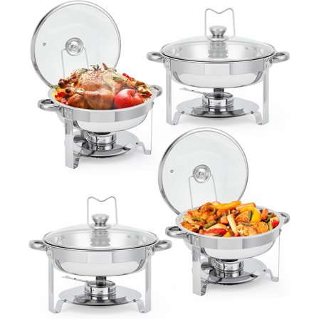 Chafing Dish Buffet Set, 5 Qt 2 Pack, Stainless Steel Chafer with 2 Full Size Pan, Round Catering Warmer Server with Glass Lid Water Pan Folding Stand Fuel Holder, for Wedding Party Banquet