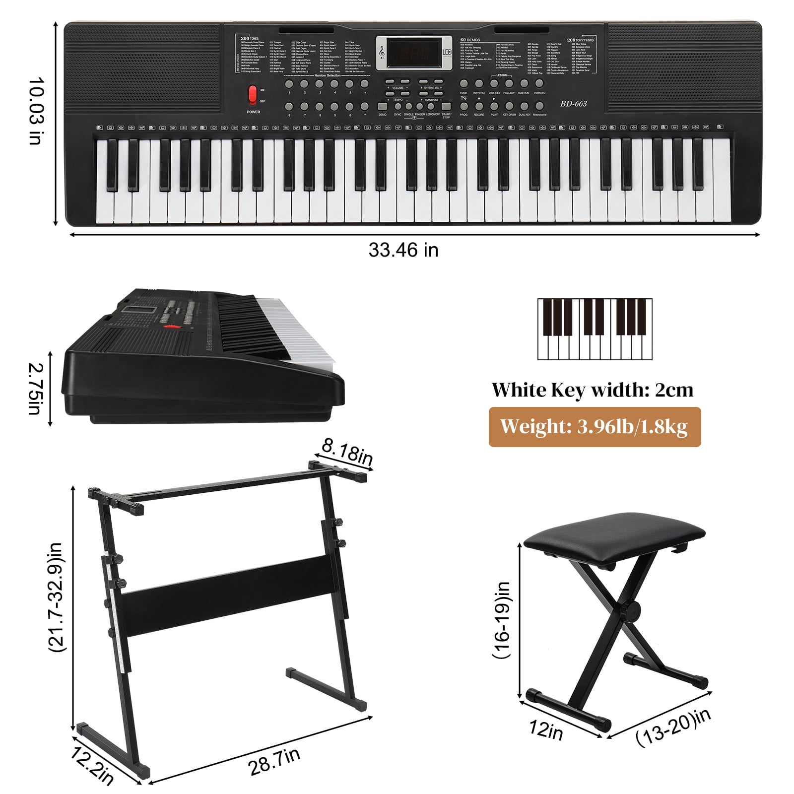 Ktaxon 61 Keys Keyboard Piano with Lighted Keys, Z-Stand, Piano Bench, Black