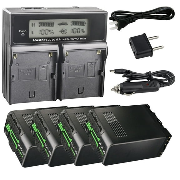 Kastar 4-Pack BP-U100 Battery and AC LCD Dual Fast Charger Compatible with Sony PXW-X200 PXW-Z450 PXW-Z190 PXW-Z280 PMW-100 PMW-150 PMW-150P PMW-160 PMW-200 PMW-300 PMW-300K1 PMW-EX1 PMW-EX1R Camera