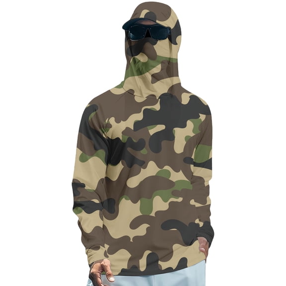 Men's UPF 50 Sun Protection Hooded Shirt with Integrated Face Cover Long Sleeve Lightweight Rash Guard Shirts 2XL Camouflage