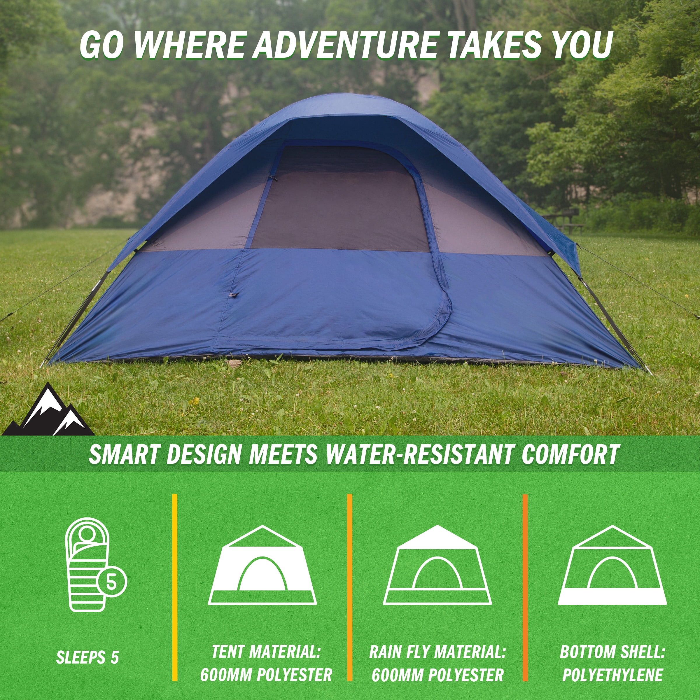 Wakeman Outdoors 5 Person Camping Tent with Rain Fly and Carrying Bag, Blue