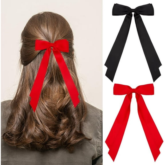 2 Pcs 2 Colors Tassel Ribbon Bowknot Hair Clips Black Hair Bow Clip Big Red Polyester Long Tail Ribbon Bowknots Ties Hair Barrettes Decorations for Women Hair Solid Accessories DIY