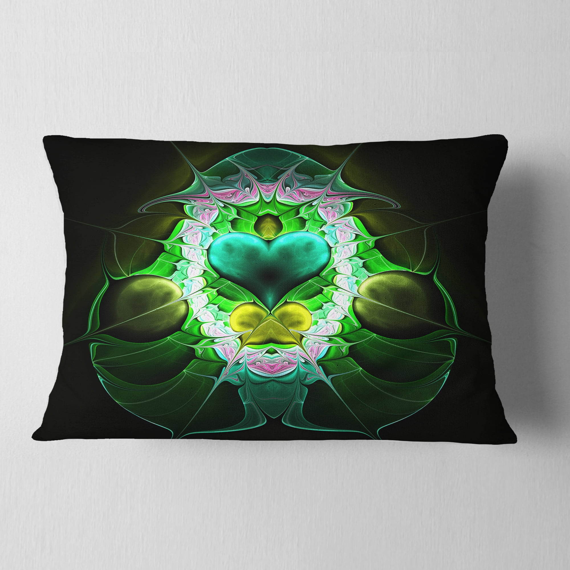 Designart Large Symmetrical Fractal Heart Green - Abstract Throw Pillow - 12x20