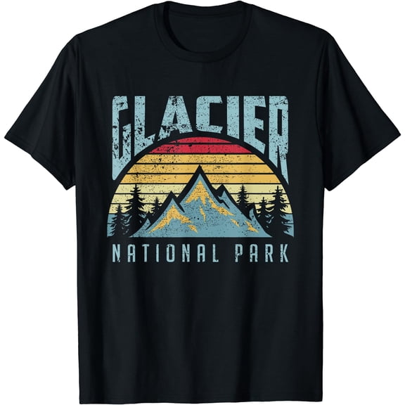 Glacier National Park Montana Mountains Retro T Shirt Black Small