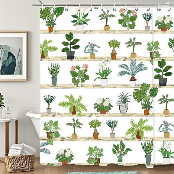 Green Leaves Plants Flowerpots Shower Curtain,Bathroom Shower Curtains Bathtub Home Decor Waterproof Fabric Machine Washable with Hooks 60"W x 72"L (Pack of 1)