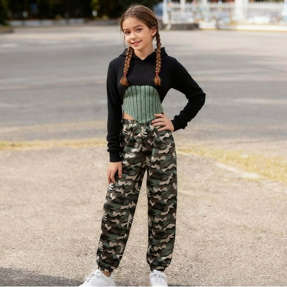 JIAYUE Girls Outfit Set Long Sleeve Hooded Sweatshirt Sleeveless Top Camo Cargo Pants 3 Piece Set For Kids 8 To 12 Years Old Casual Streetwear