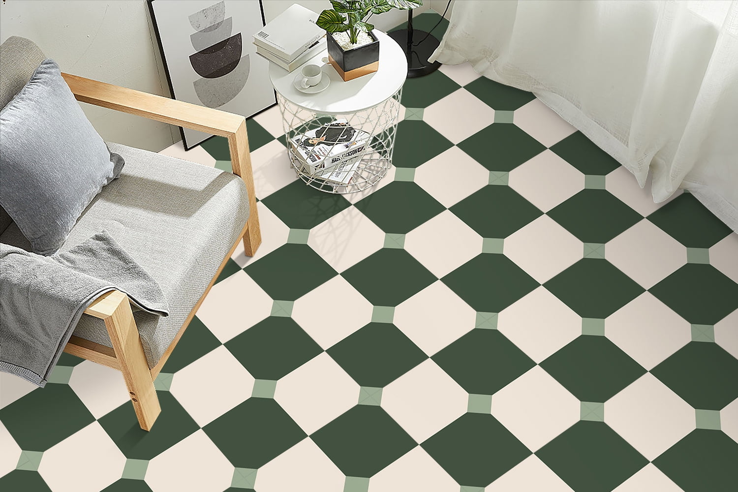 DEWOO 12" x 12" Peel and Stick Floor Tile, 10 PCS Self-Adhesive DIY Vinyl Flooring for Renters, Removable and Waterproof Tile Sticker for Bathroom, Kitchen, Staircase (White Green Grid)