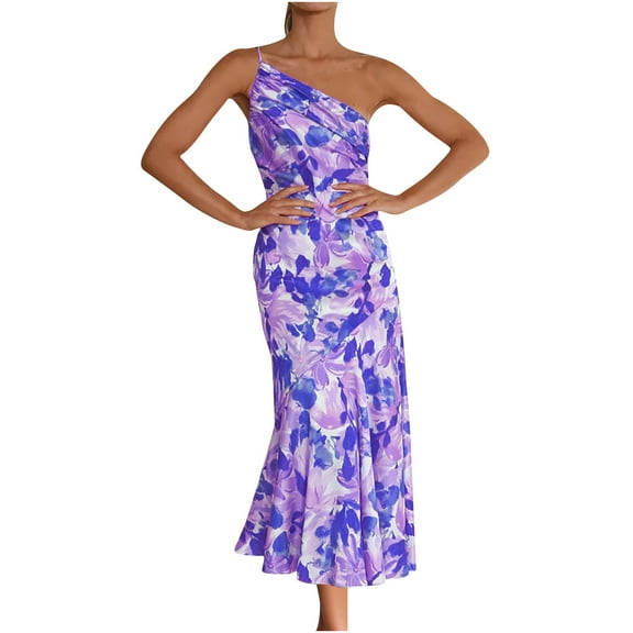 Hvot&aat Women's One Shoulder Bodycon Dress Temperament Fishtail Print Dress Party Cocktail Long Dress
