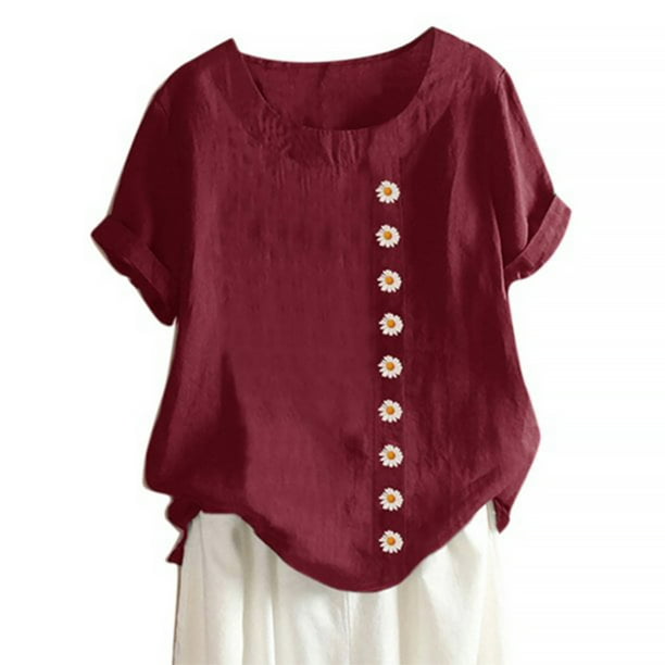 Qarigey Blusa Lino Suelta Camisa Manga Corta Cuello Mujer Top Verano Prendas para la parte del cuerpo Rojo 5XL