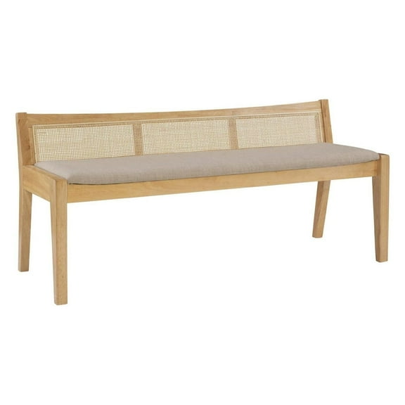 Cane Bench - Beige Upholstered Seat, Woven Back - Solid Wood Frame - Elegant Entryway Seating - 52" L