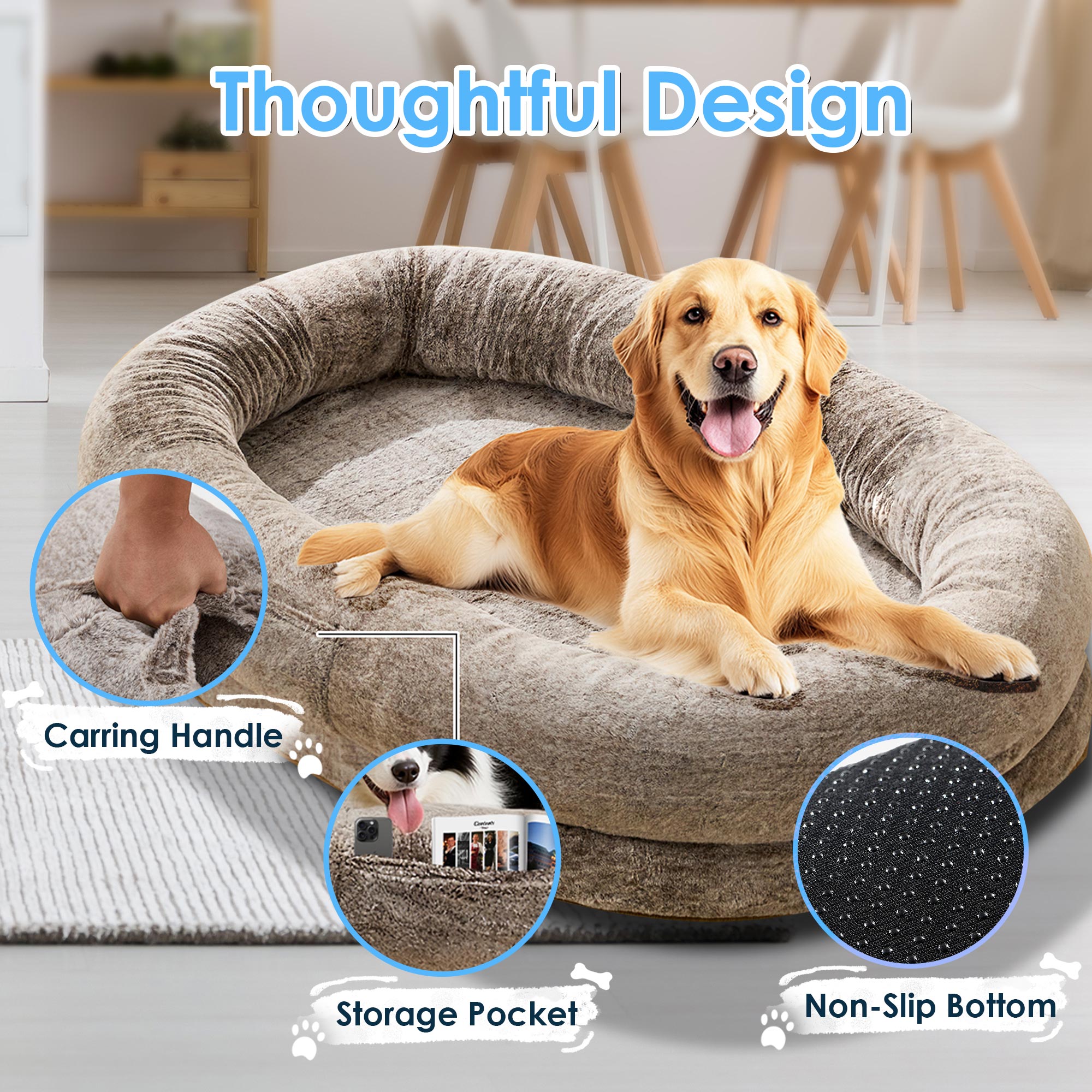 Extra Large Human Dog Bed for Adults & Pets, Faux Fur Orthopedic Lounger with Pillow & Blanket, Washable Nap Bed, Perfect Gift for Pet Lovers (68'' x 35'' x 14'')