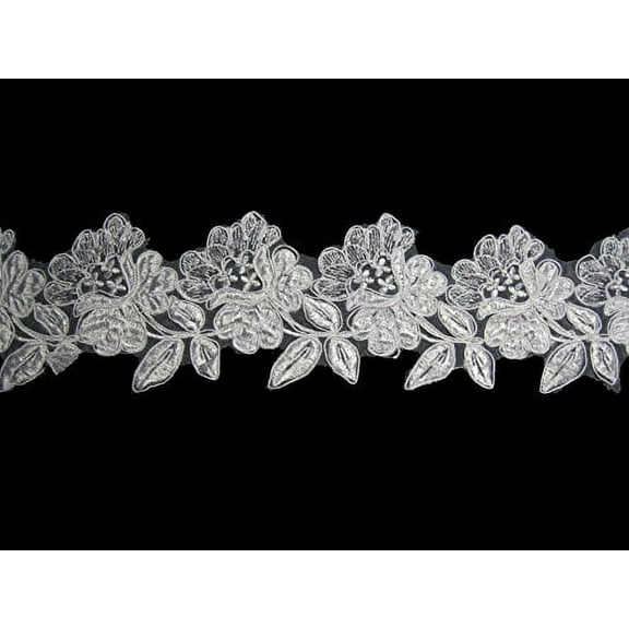 Altotux 3.5" White Rose Flower Embroidered Sheer Organza Lace Trim By 2 Yards