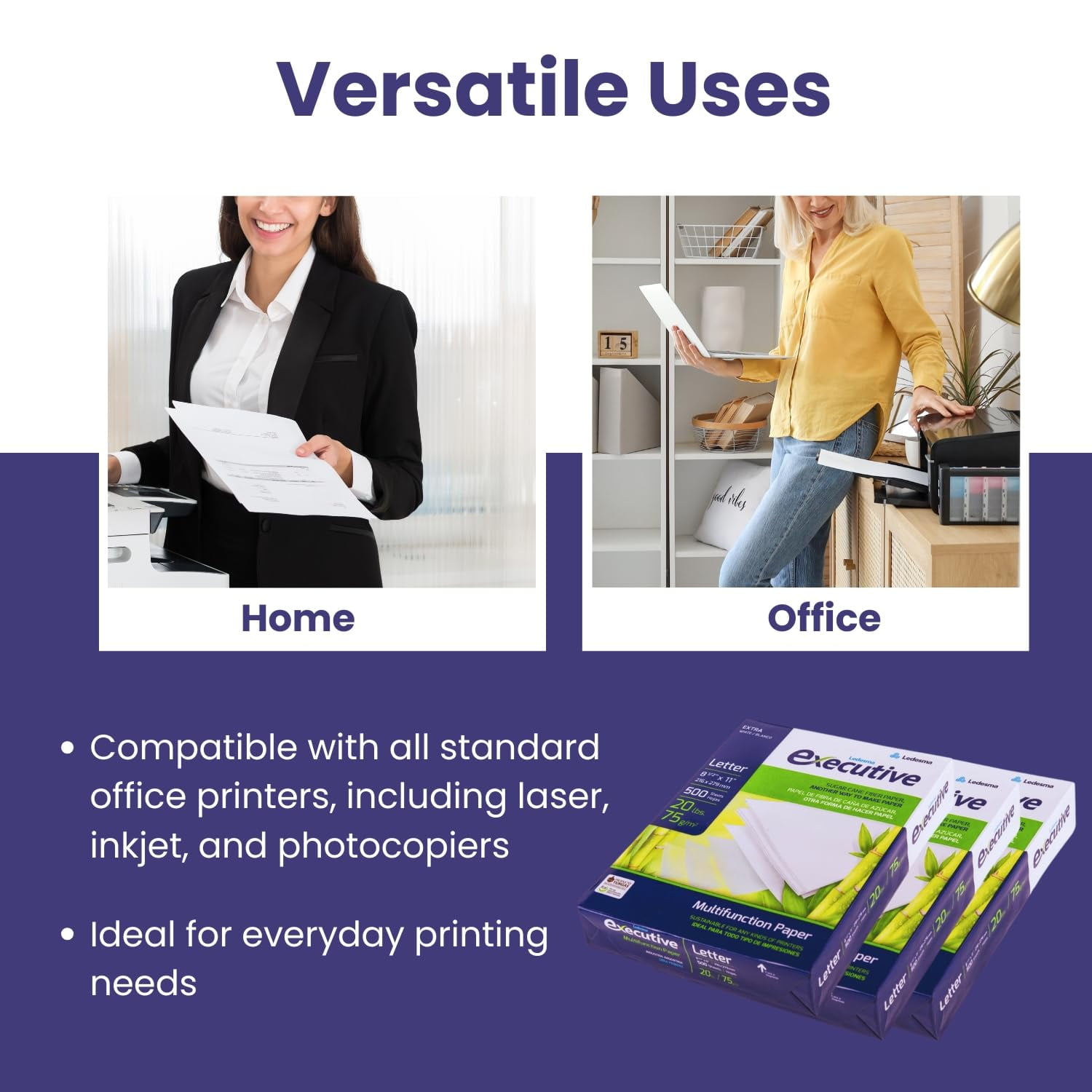Executive Multipurpose Copy Printer Paper - Size 8.5” x 11”, 20lb - Sugarcane Fiber, 92 Bright White Paper, Ideal for All Office & Photocopy Printers & Designs (3 Reams - 1500 Sheets)