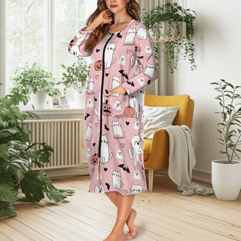 Yuyamidu Cat Long Sleeve Bathrobe for Women Size S Pink Round Neck Zipper  Front Robe Pumpkin Bath Spa Robes Lightweight Mid-Calf Length Bath Gown ...