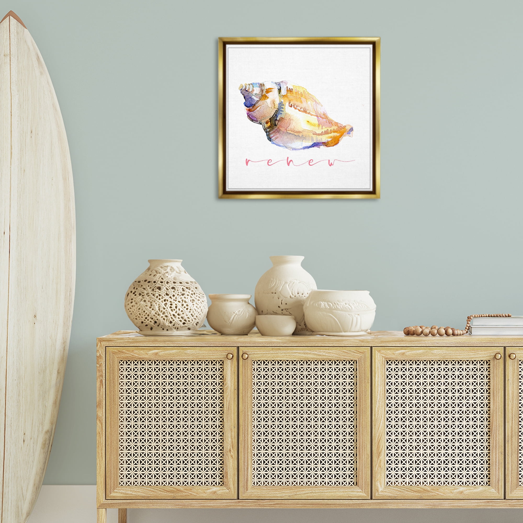 Stupell Industries Conch Shell Renew Nautical & Beach Painting Gold Floater Framed Canvas Art Print Wall Art, 25 x 25