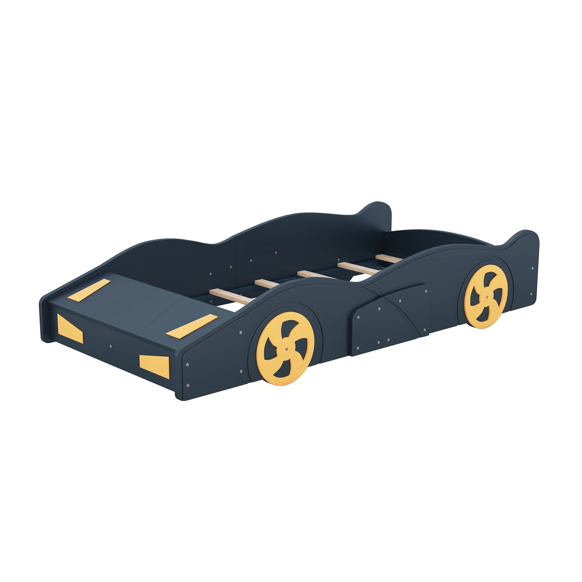 Euroco Car-Shaped Twin Size Platform Bed with Tires and Storage Cabinet for Kids Bedroom, Dark Blue