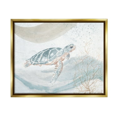 Stupell Industries Drifting Sea Turtle Serene Ocean Wave Atmosphere Painting Metallic Gold Floating Framed Canvas Print Wall Art, Design by Patricia Pinto